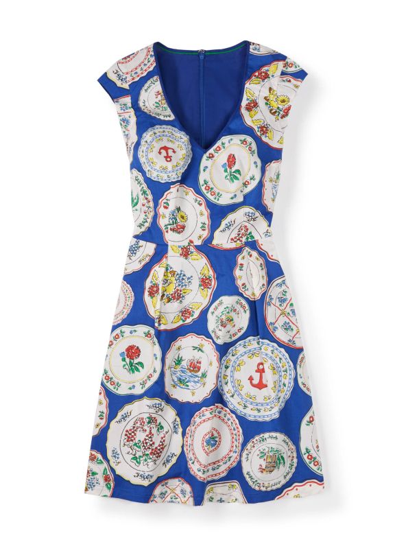 Printed spring dress in blue plates, £89, Boden