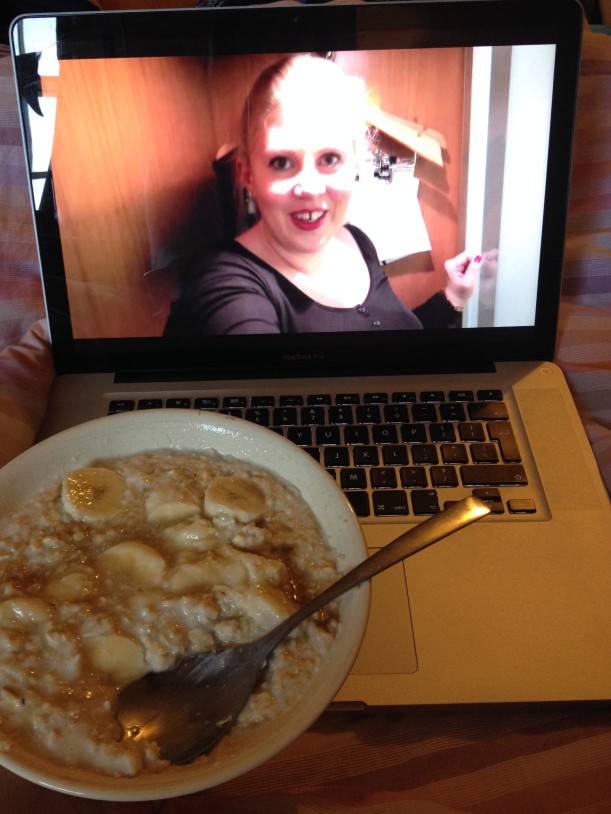 Eating honey and banana porridge while watching Youtube videos